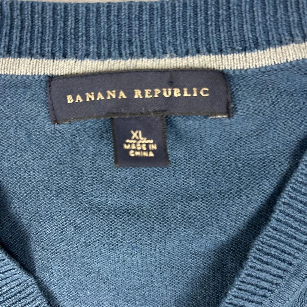 Banana Republic Mens Argyle Sweater XL Silk‎ Cashmere Blue Gray Diamond V-neck